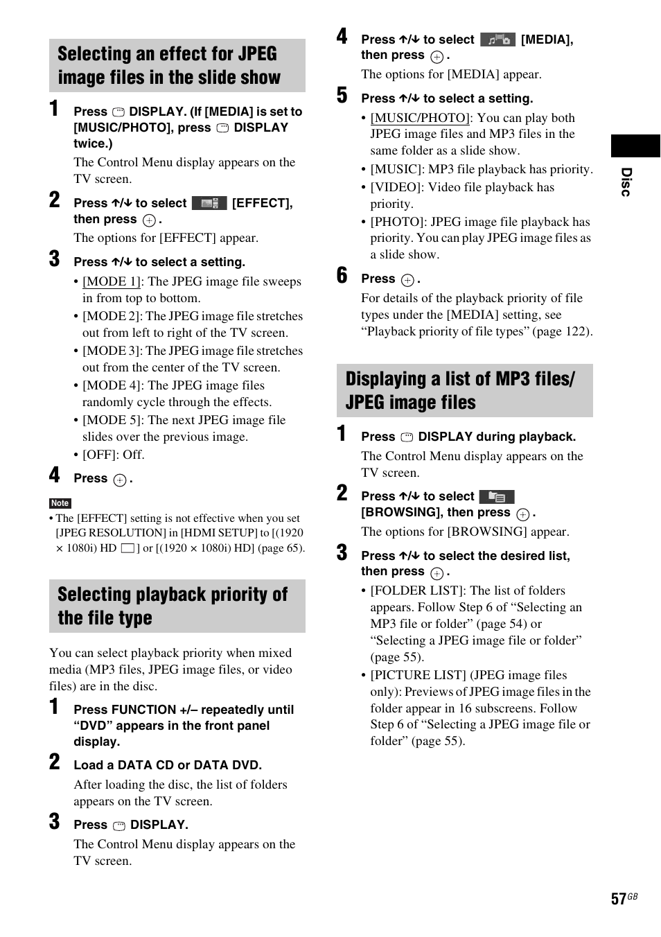 Selecting playback priority of the file type, Displaying a list of mp3 files/ jpeg image files | Sony DAV-DZ380W User Manual | Page 57 / 136
