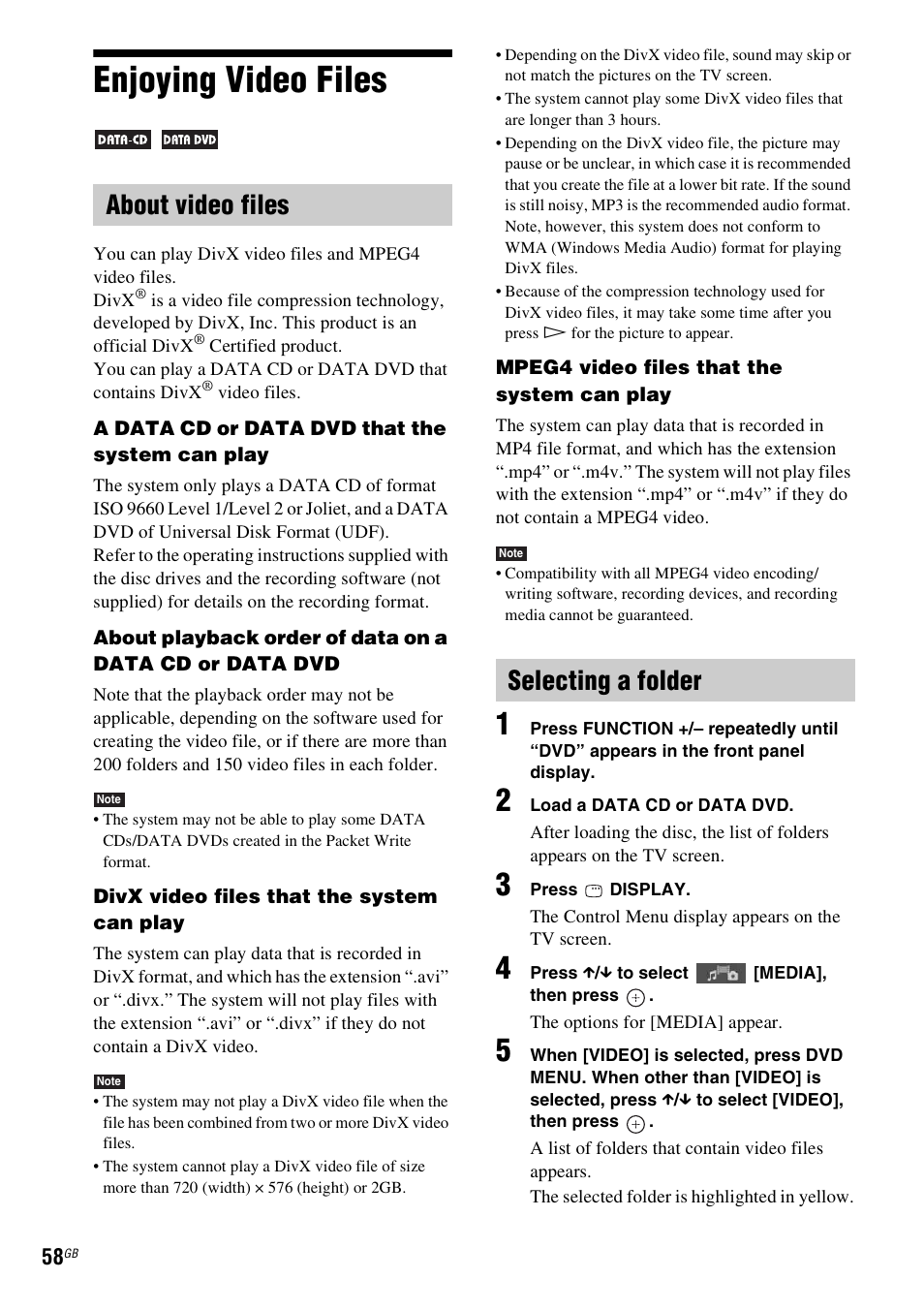 Enjoying video files, About video files, Selecting a folder | About video files selecting a folder | Sony DAV-DZ380W User Manual | Page 58 / 136
