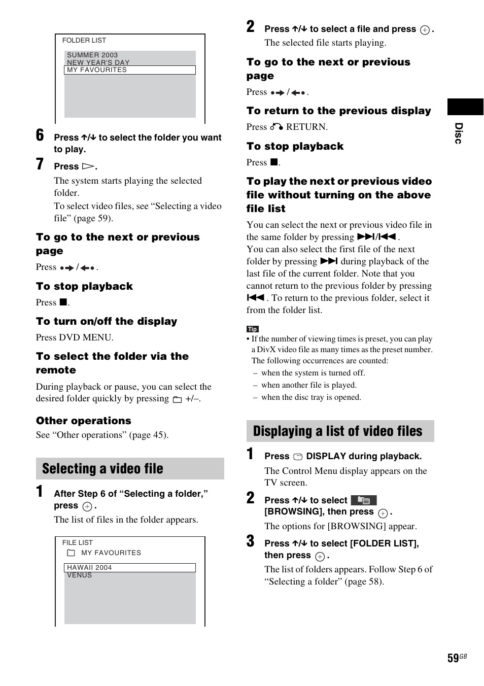 Selecting a video file, Displaying a list of video files | Sony DAV-DZ380W User Manual | Page 59 / 136