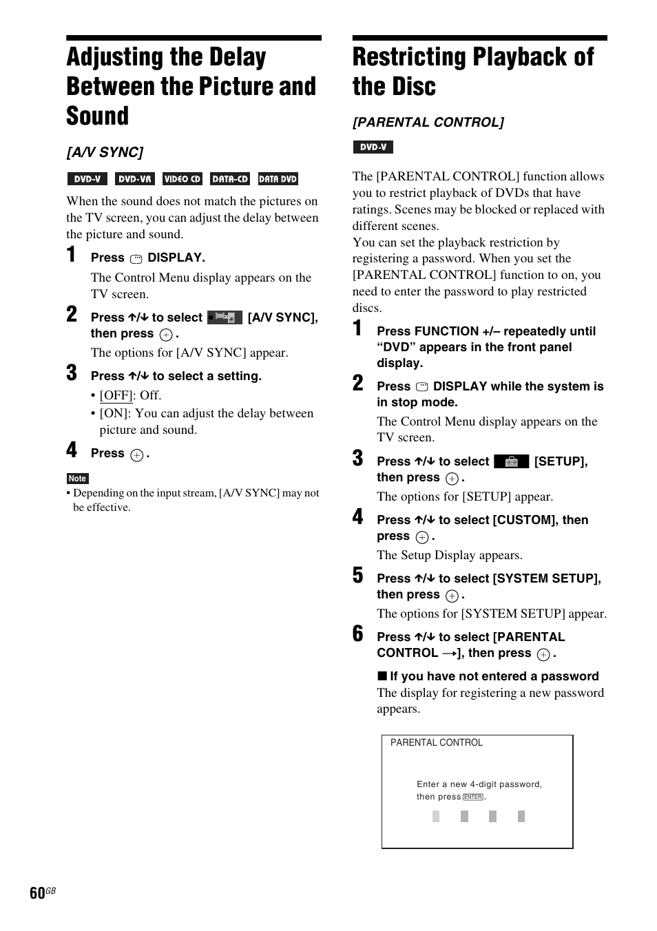 Adjusting the delay between the picture and sound, Restricting playback of the disc, Adjusting the delay between the picture | And sound | Sony DAV-DZ380W User Manual | Page 60 / 136