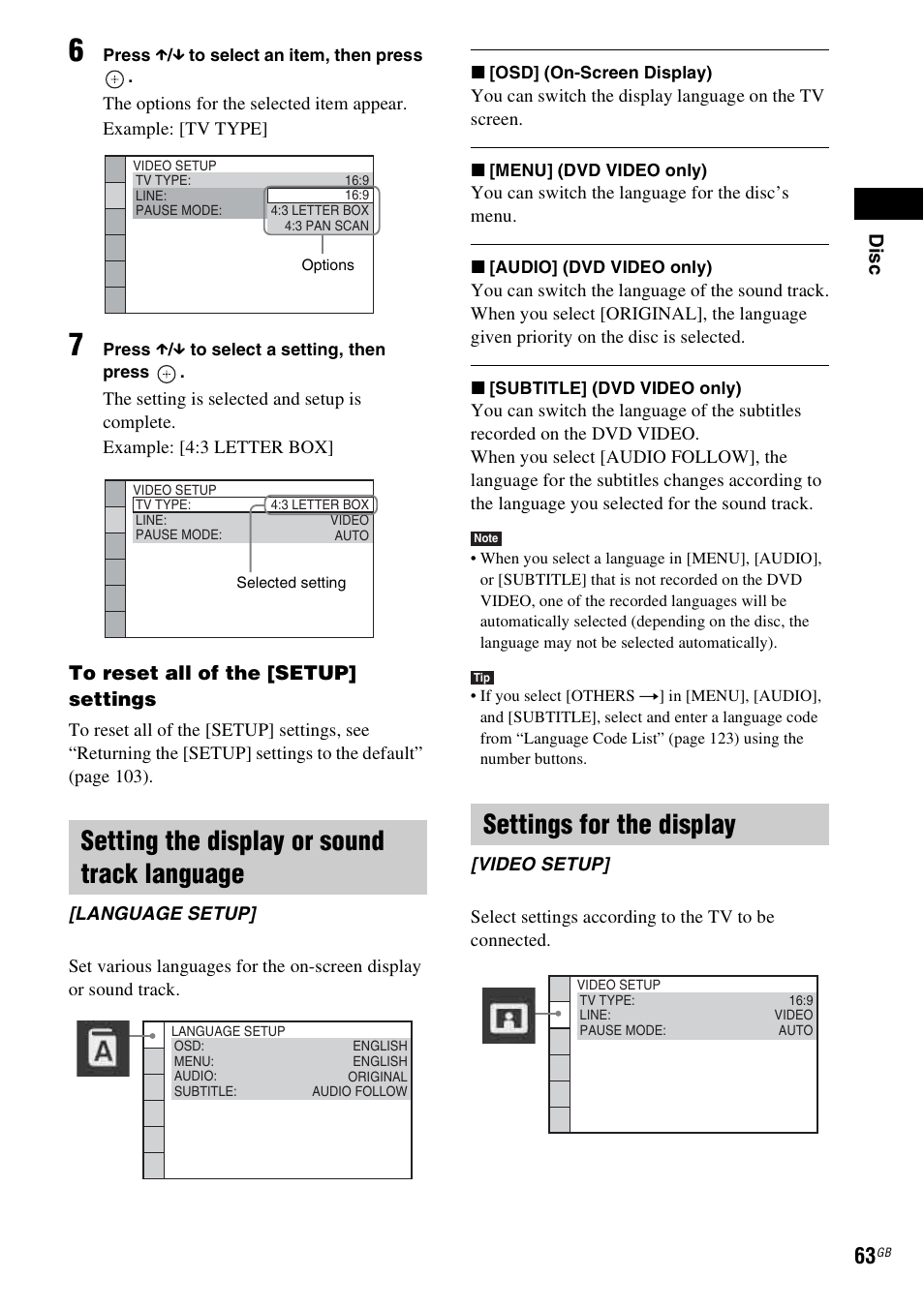 Setting the display or sound track language, Settings for the display, Dis c | Sony DAV-DZ380W User Manual | Page 63 / 136