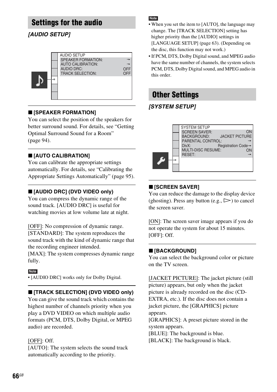Settings for the audio, Other settings | Sony DAV-DZ380W User Manual | Page 66 / 136