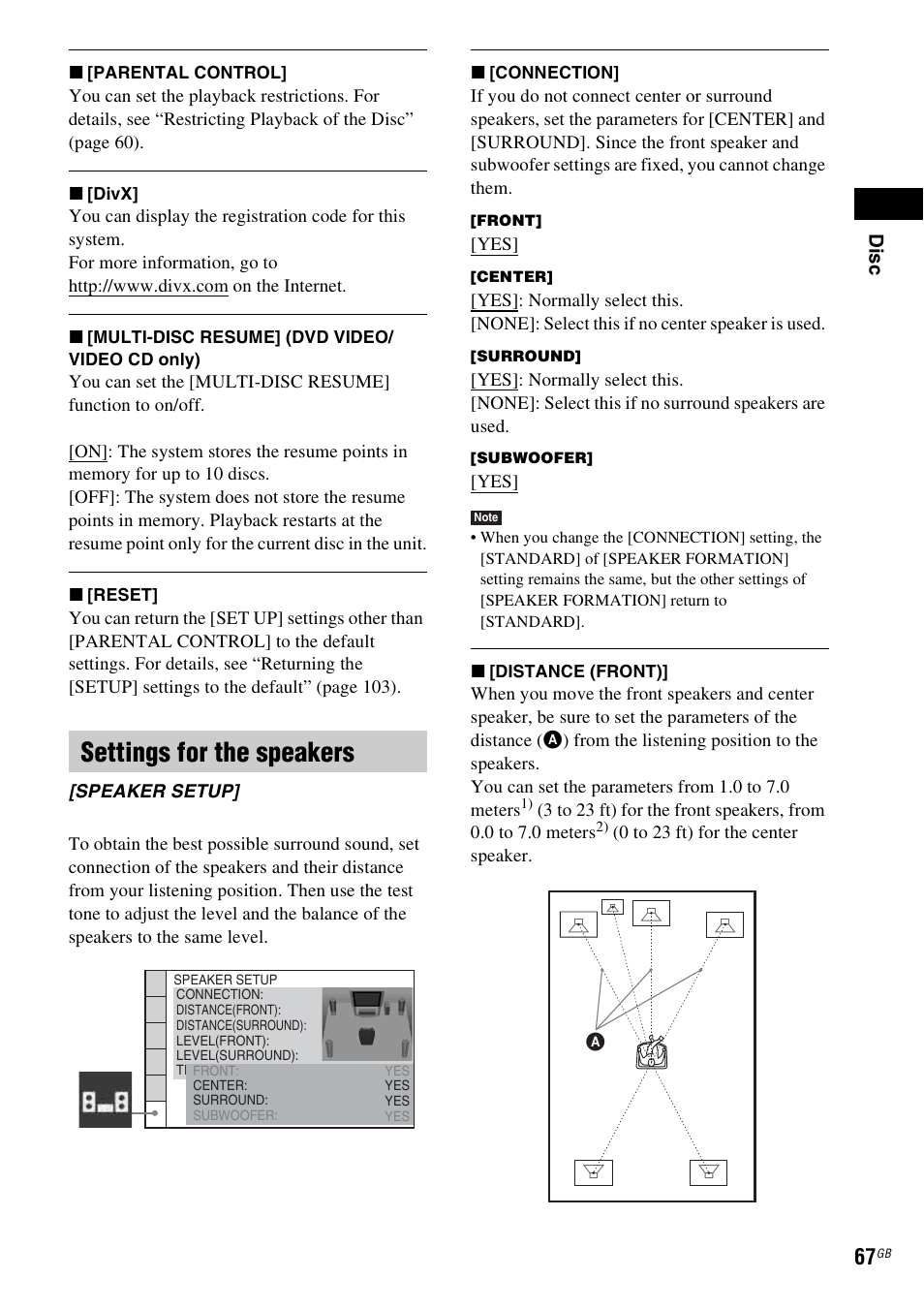Settings for the speakers | Sony DAV-DZ380W User Manual | Page 67 / 136
