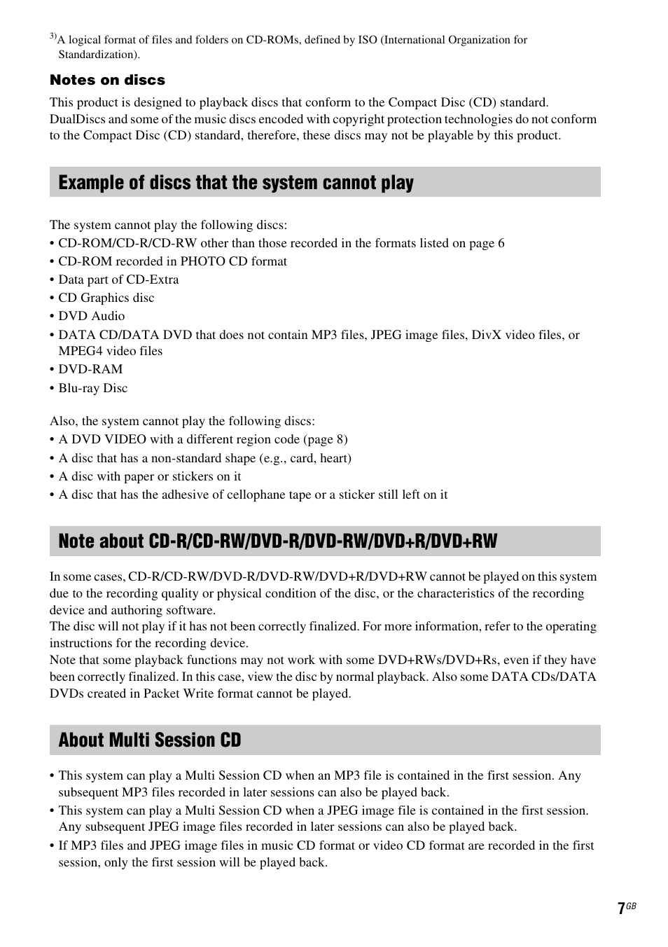 Example of discs that the system cannot play, Note about cd-r/cd-rw/dvd-r/dvd-rw/dvd+r/dvd+rw, About multi session cd | Sony DAV-DZ380W User Manual | Page 7 / 136