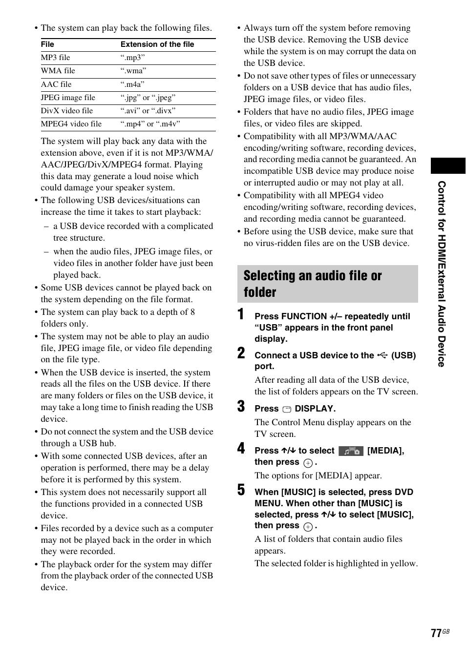 Selecting an audio file or folder | Sony DAV-DZ380W User Manual | Page 77 / 136