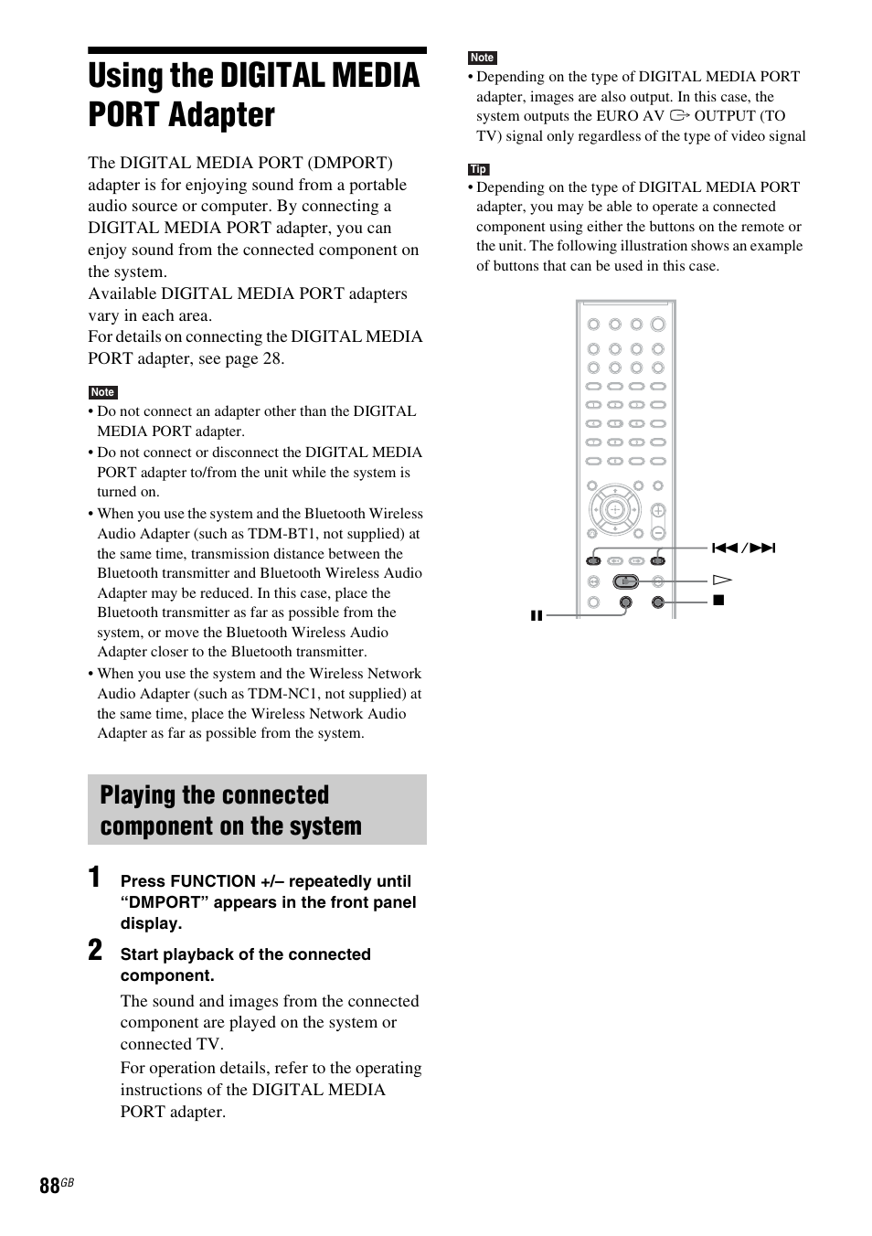 Using the digital media port adapter, Playing the connected component on the system, Using the digital media port | Adapter | Sony DAV-DZ380W User Manual | Page 88 / 136
