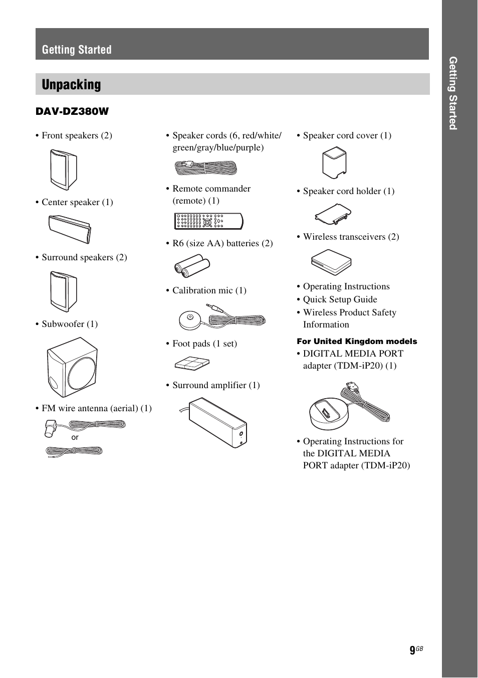 Getting started, Unpacking | Sony DAV-DZ380W User Manual | Page 9 / 136