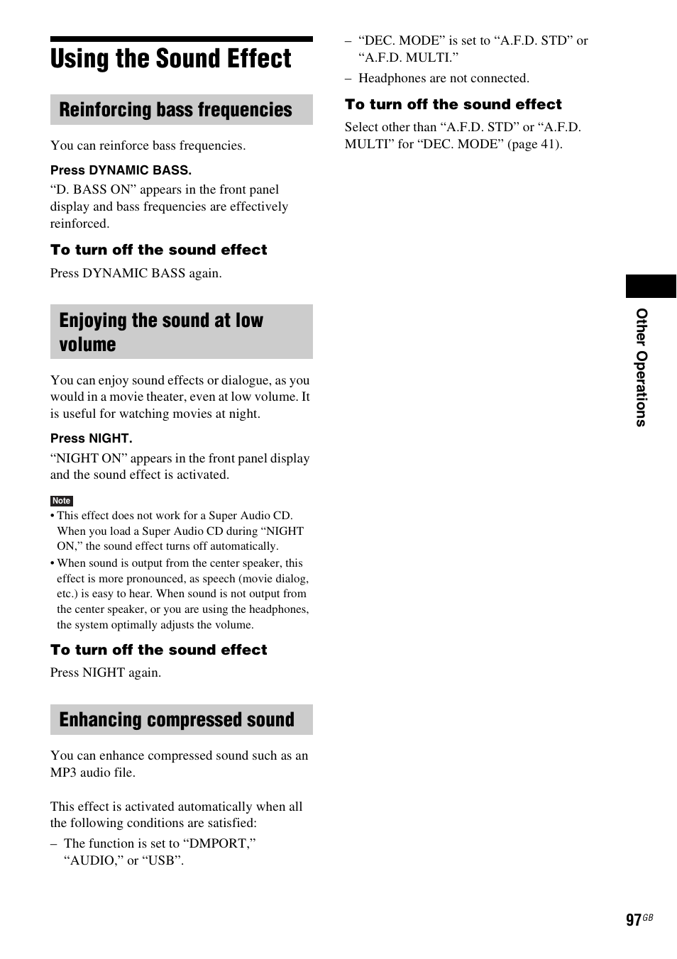Using the sound effect, Reinforcing bass frequencies, Enjoying the sound at low volume | Enhancing compressed sound | Sony DAV-DZ380W User Manual | Page 97 / 136