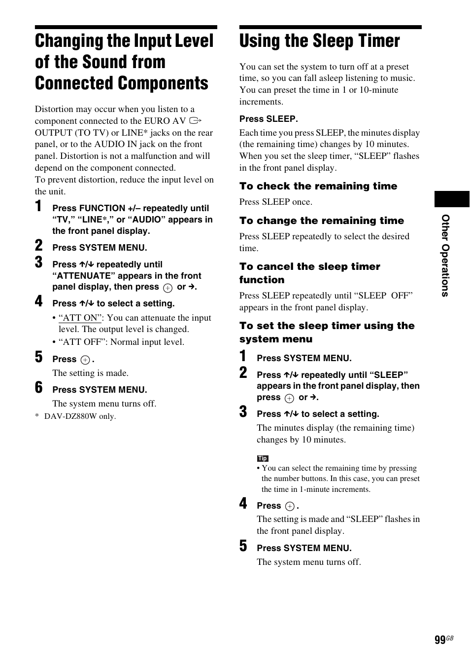 Using the sleep timer, Changing the input level of the sound, From connected components | Sony DAV-DZ380W User Manual | Page 99 / 136
