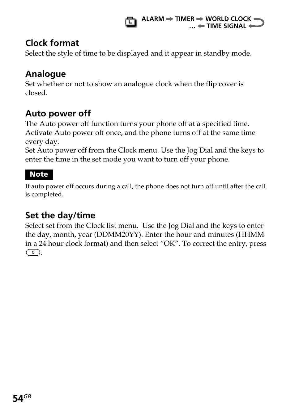 Divert, Clock format, Analogue | Auto power off, Set the day/time | Sony CMD-Z5 User Manual | Page 54 / 84