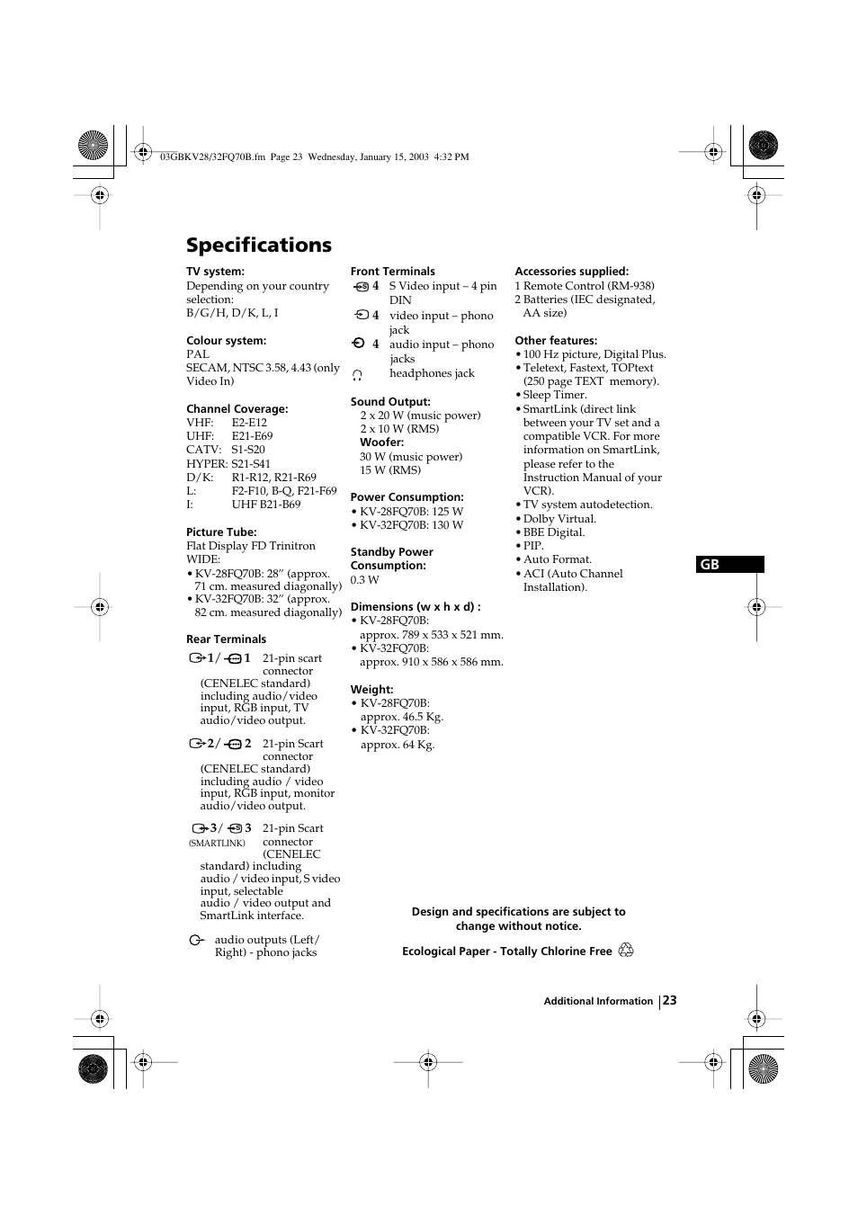 Specifications | Sony FD Trinitron KV-28FQ70B User Manual | Page 23 / 26
