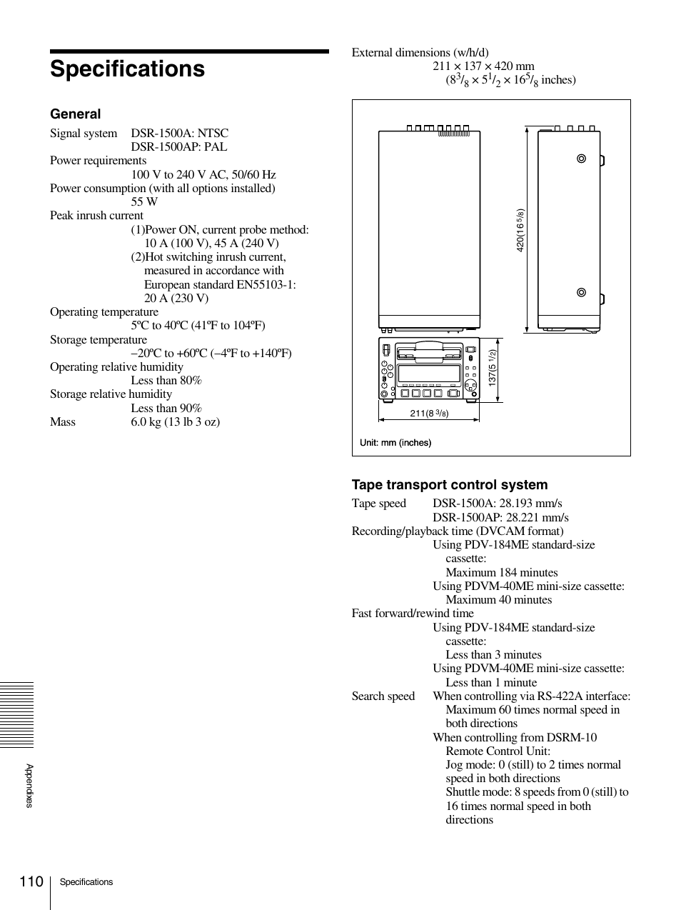 Specifications, General, Tape transport control system | Sony 1500AP User Manual | Page 110 / 125