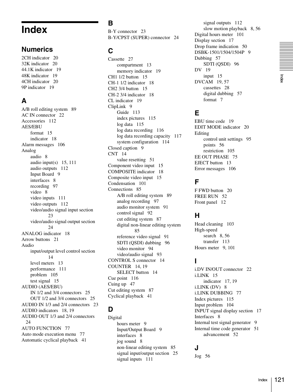 Index, Numerics | Sony 1500AP User Manual | Page 121 / 125
