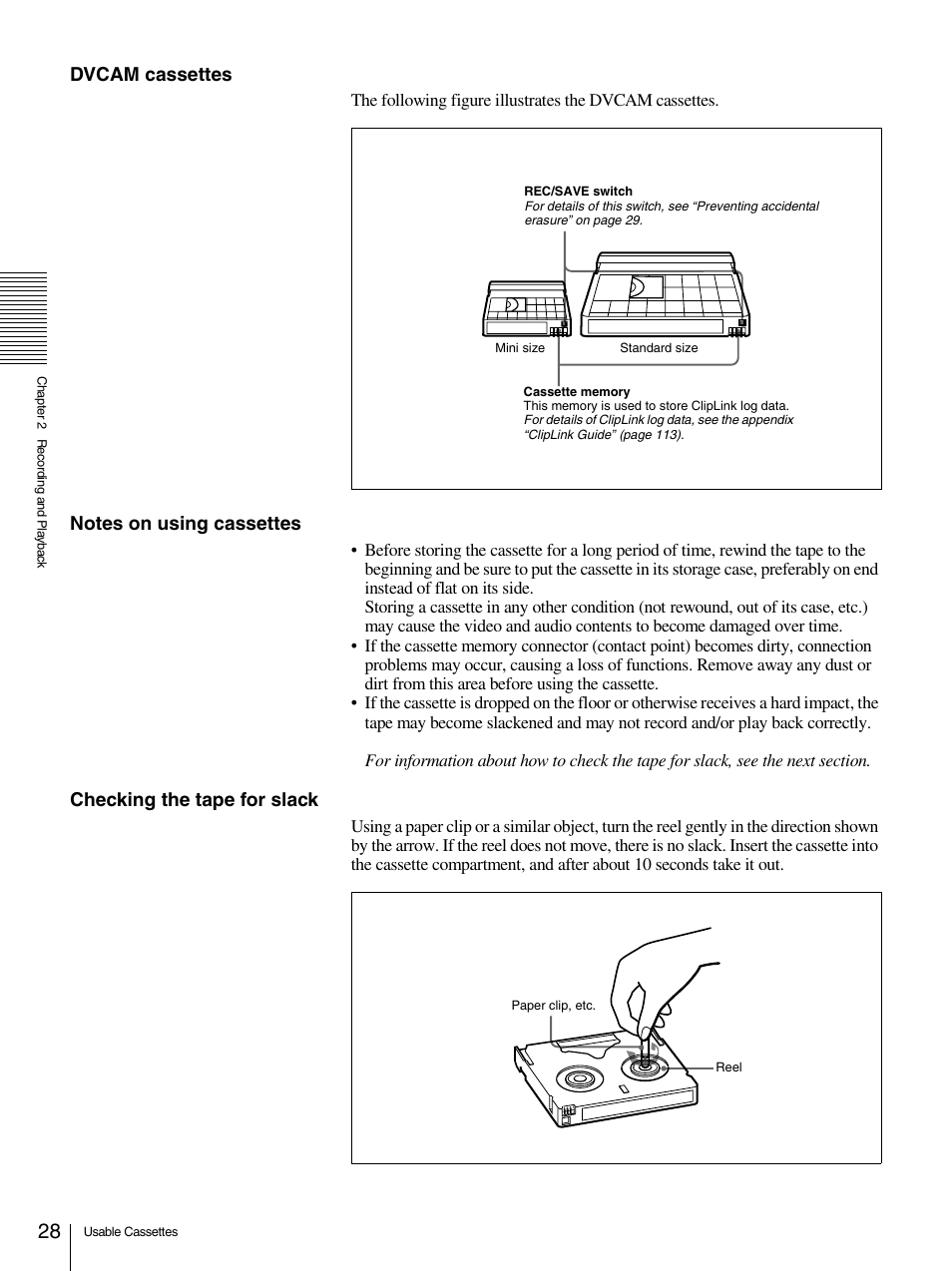 Dvcam cassettes, Checking the tape for slack | Sony 1500AP User Manual | Page 28 / 125