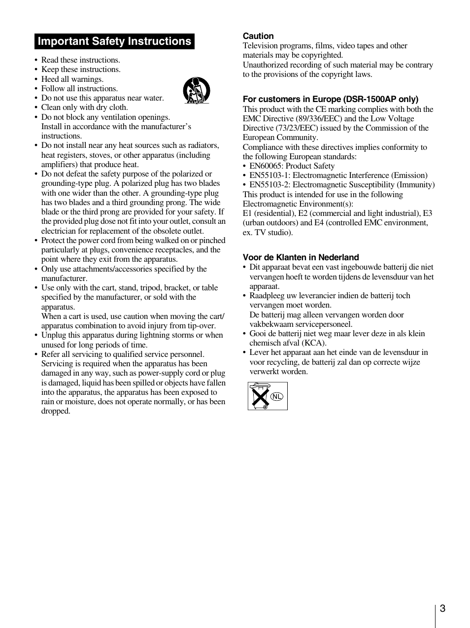 Important safety instructions | Sony 1500AP User Manual | Page 3 / 125