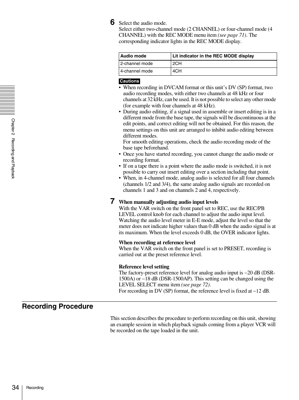 Recording procedure | Sony 1500AP User Manual | Page 34 / 125