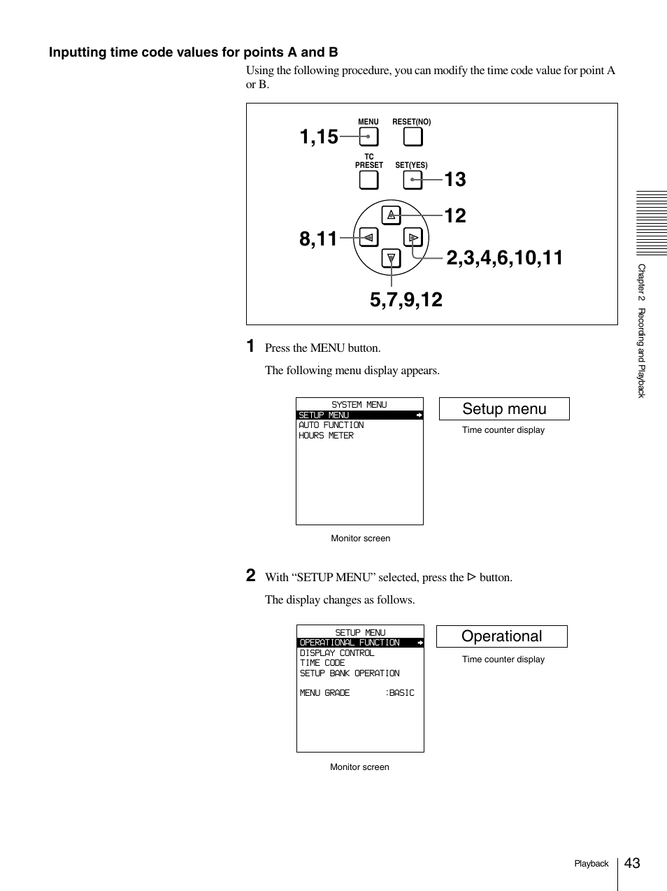 Setup menu, Operational | Sony 1500AP User Manual | Page 43 / 125