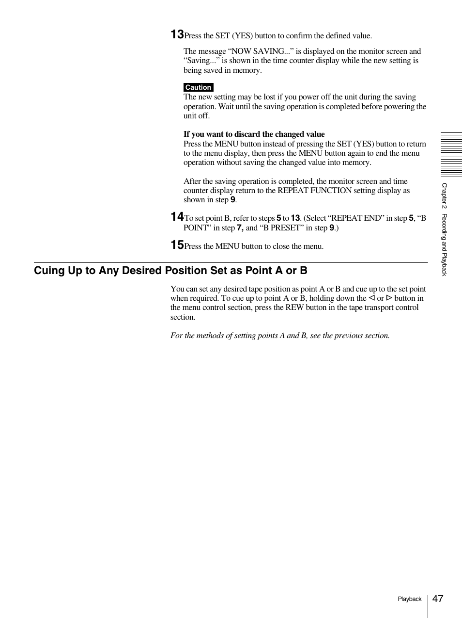 Cuing up to any desired position set as point a, Or b | Sony 1500AP User Manual | Page 47 / 125