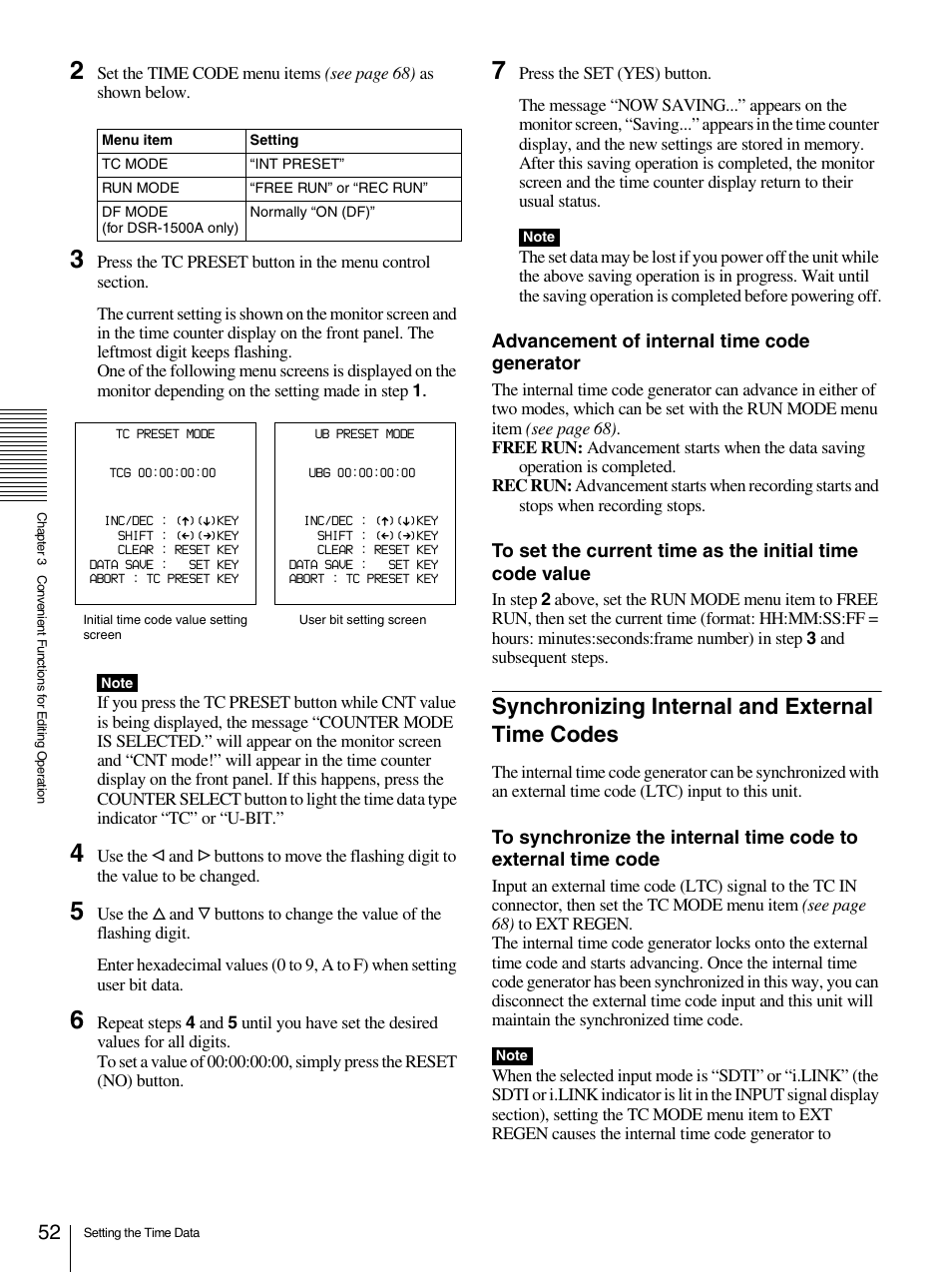 Synchronizing internal and external time codes | Sony 1500AP User Manual | Page 52 / 125