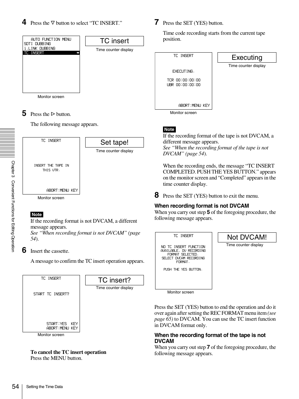 Tc insert, Set tape, Executing | Not dvcam | Sony 1500AP User Manual | Page 54 / 125