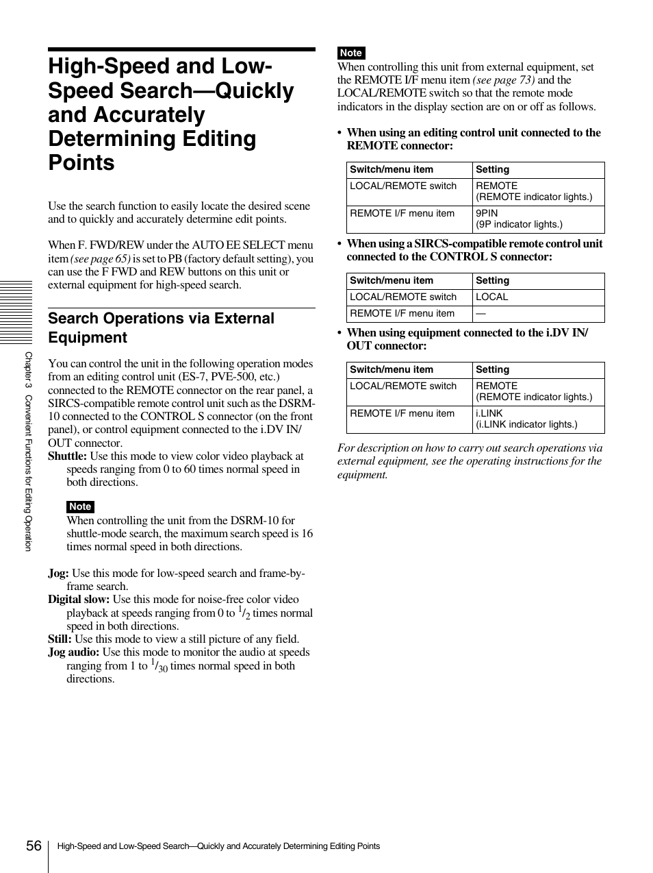 High-speed and low-speed search—quickly and, Search operations via external equipment | Sony 1500AP User Manual | Page 56 / 125