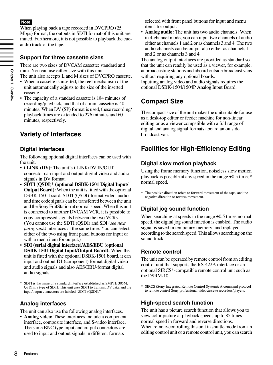Variety of interfaces, Compact size, Facilities for high-efficiency editing | Sony 1500AP User Manual | Page 8 / 125