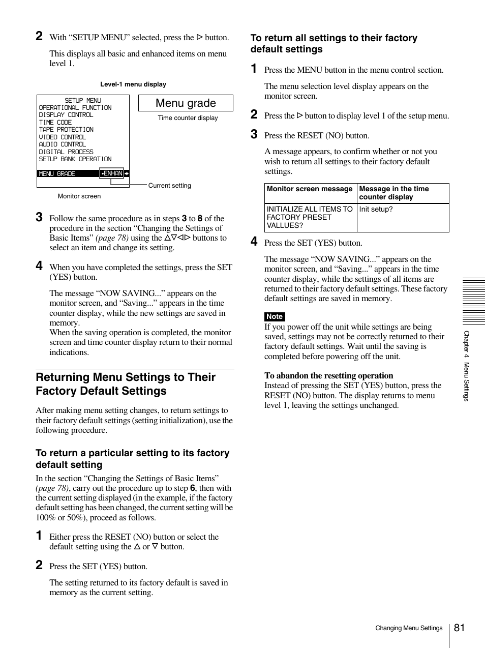 Returning menu settings to their factory default, Settings, Menu grade | Sony 1500AP User Manual | Page 81 / 125