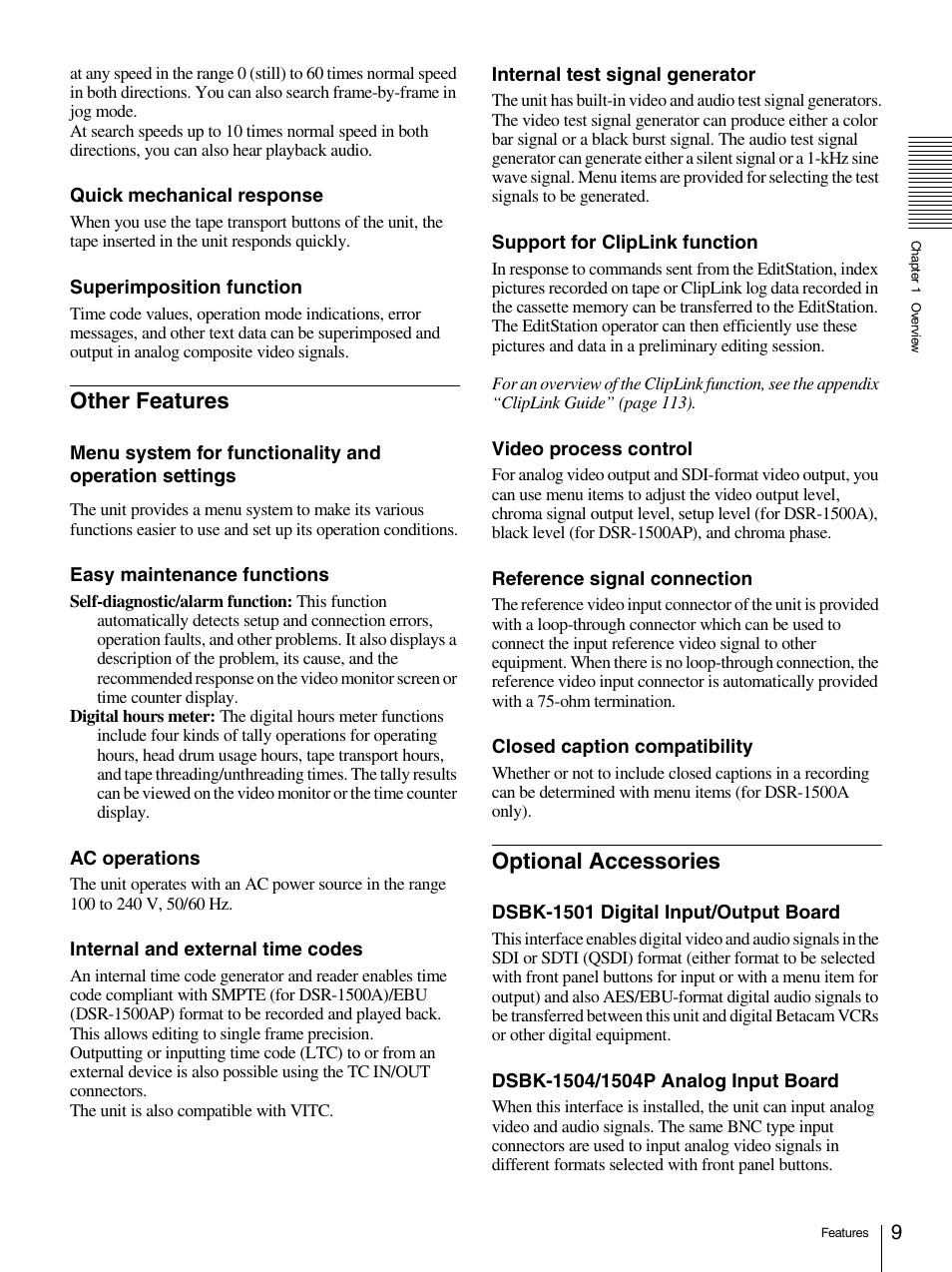 Other features optional accessories, Other features, Optional accessories | Sony 1500AP User Manual | Page 9 / 125