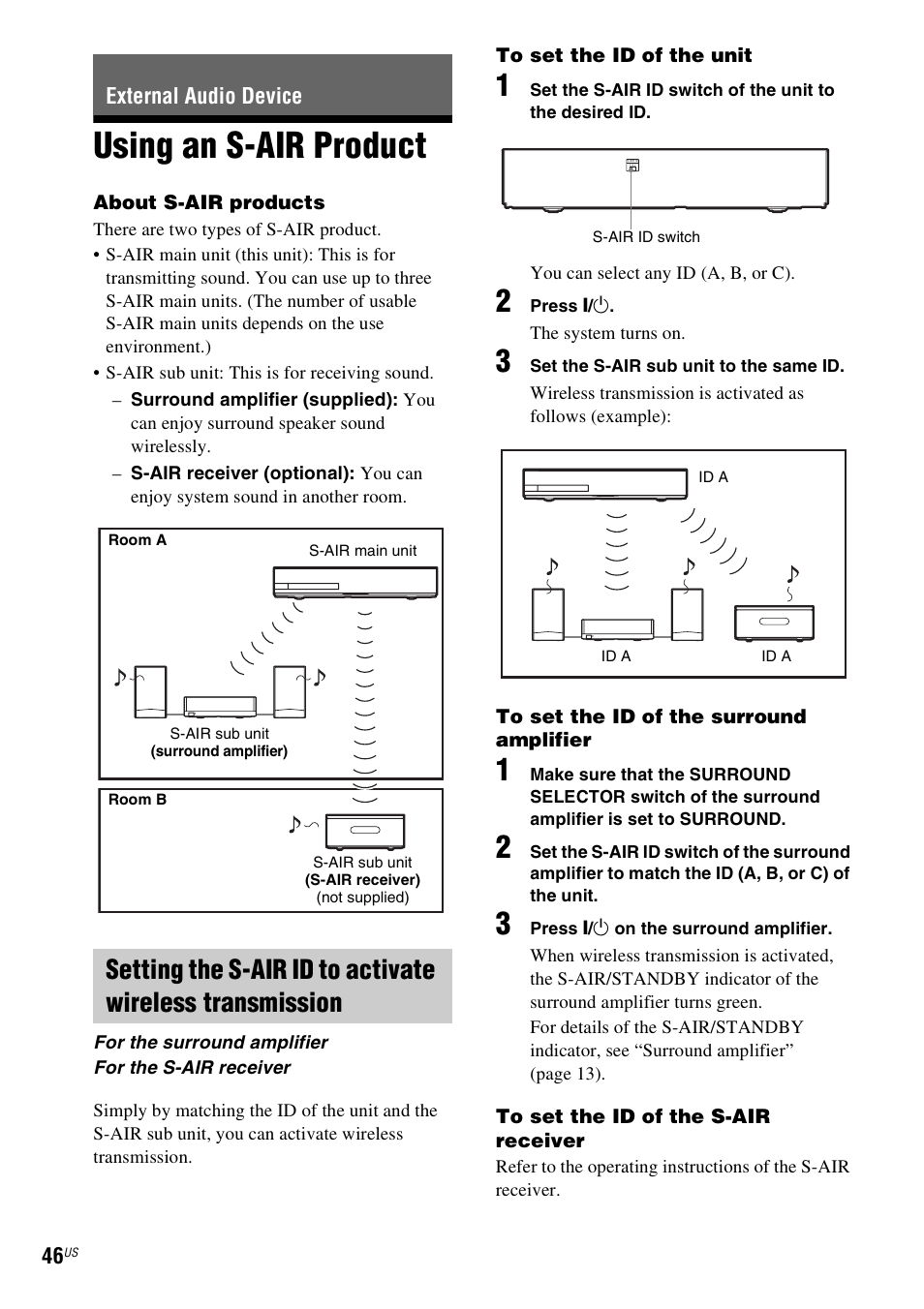 External audio device, Using an s-air product, E 46 | Sony IZ1000W User Manual | Page 46 / 88