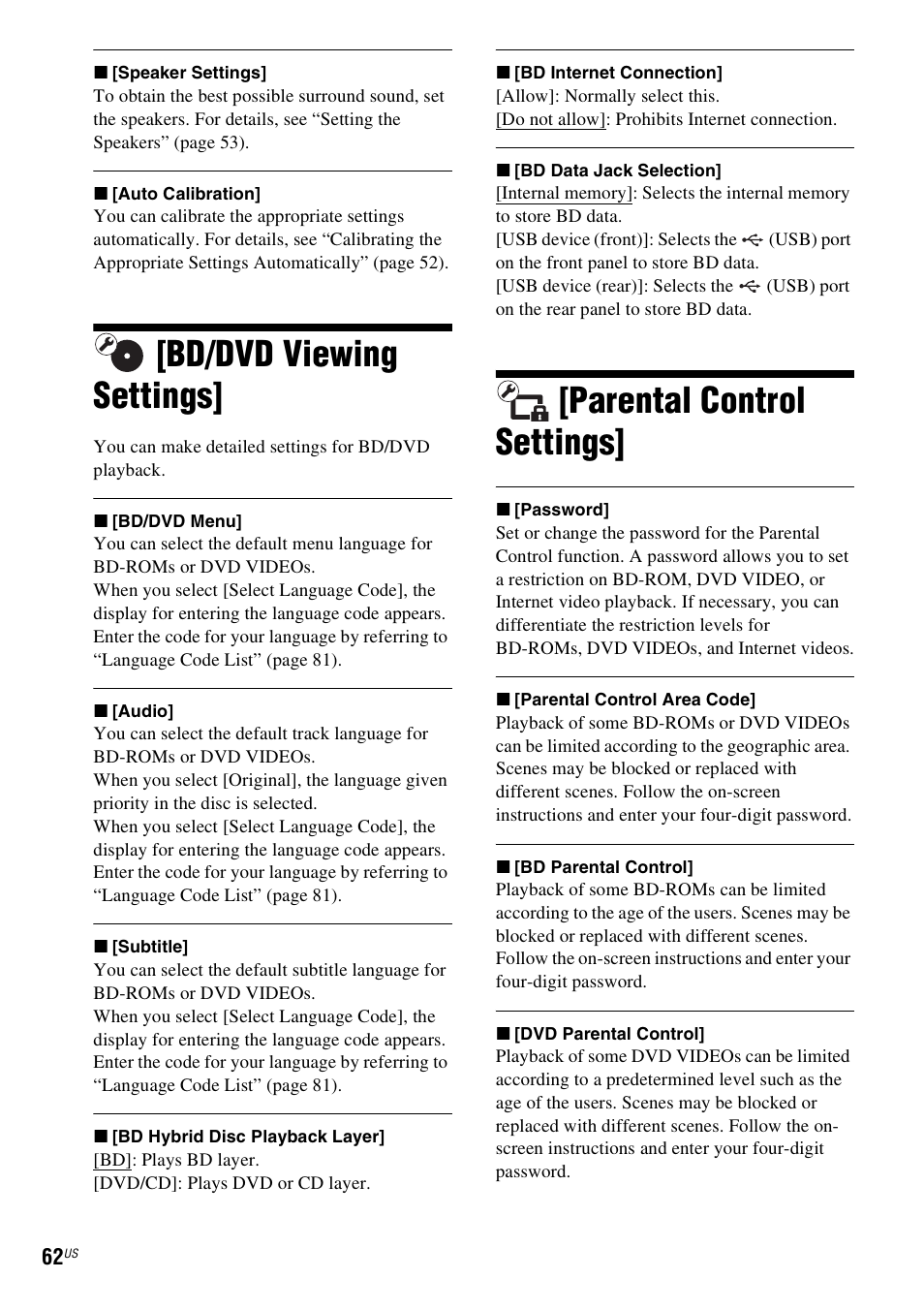 Bd/dvd viewing settings, Parental control settings, E 62) | Sony IZ1000W User Manual | Page 62 / 88