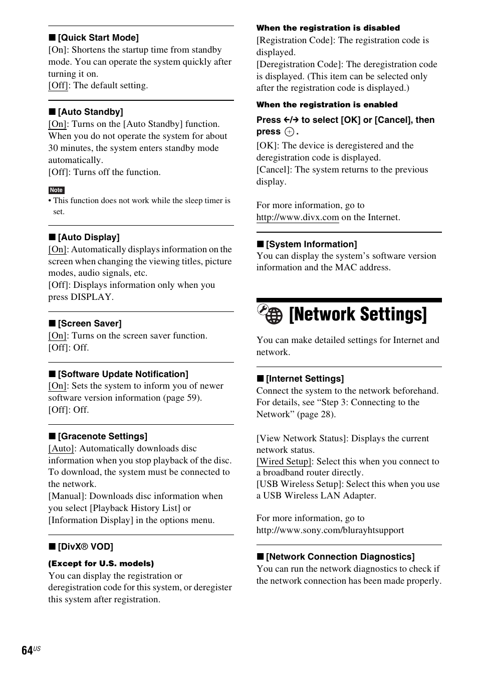 Network settings | Sony IZ1000W User Manual | Page 64 / 88