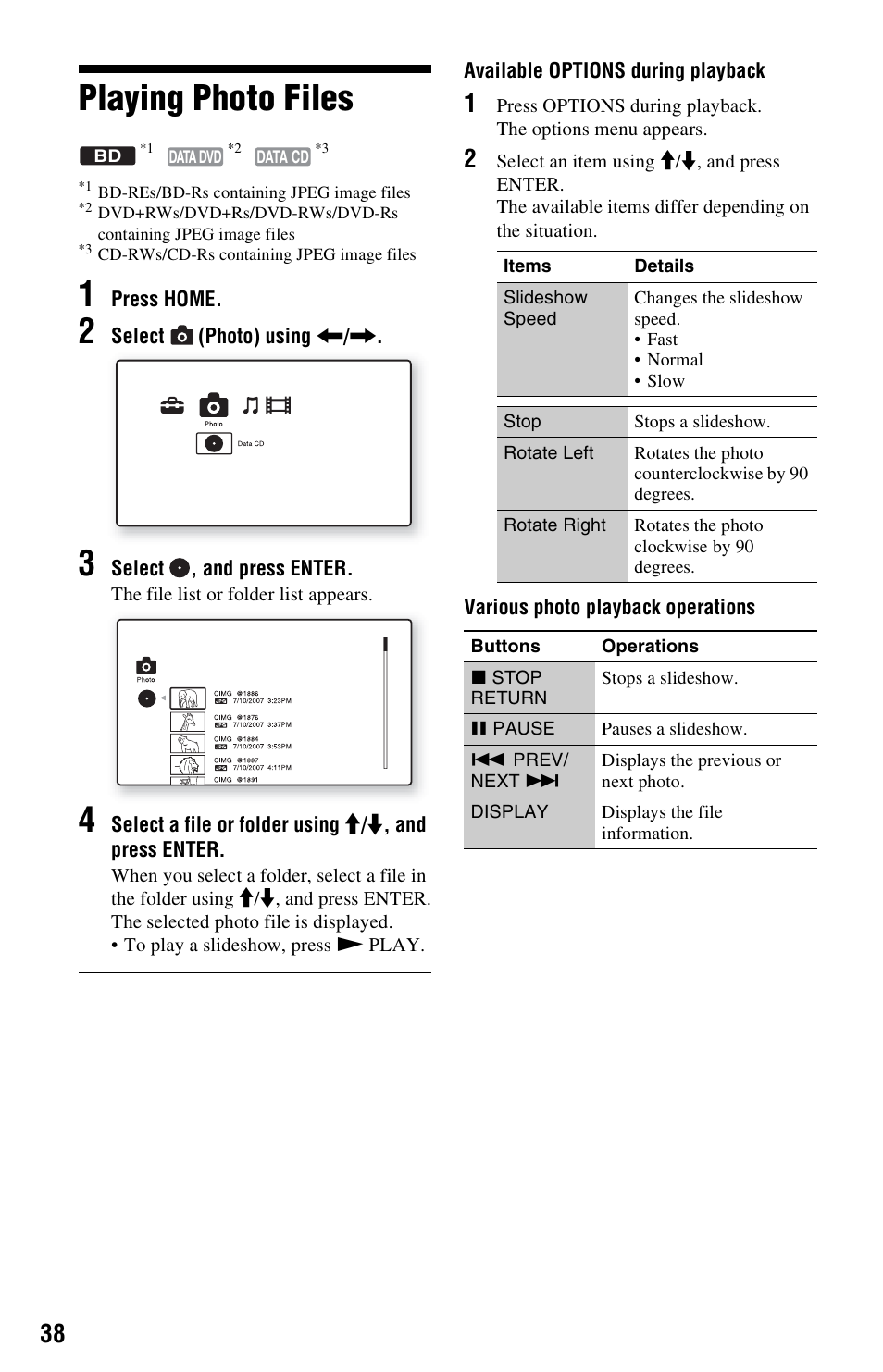 Playing photo files | Sony BDP-BX1 User Manual | Page 38 / 79