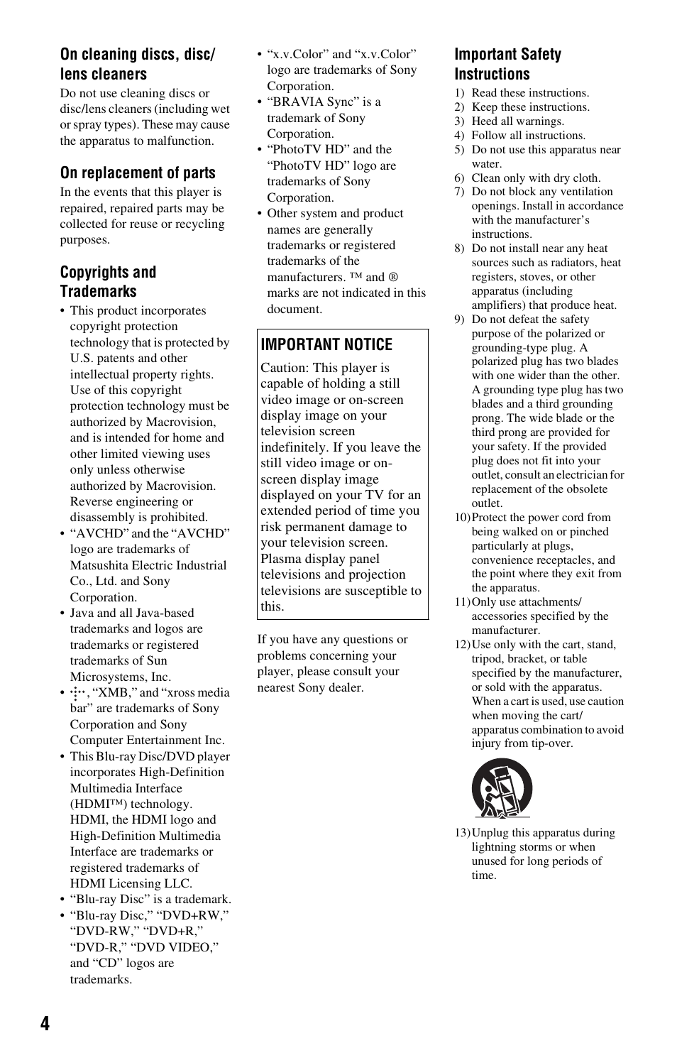 On cleaning discs, disc/ lens cleaners, On replacement of parts, Copyrights and trademarks | Important safety instructions, Important notice | Sony BDP-BX1 User Manual | Page 4 / 79