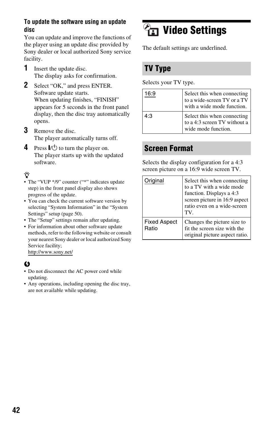 Video settings, Tv type, Screen format | Sony BDP-BX1 User Manual | Page 42 / 79