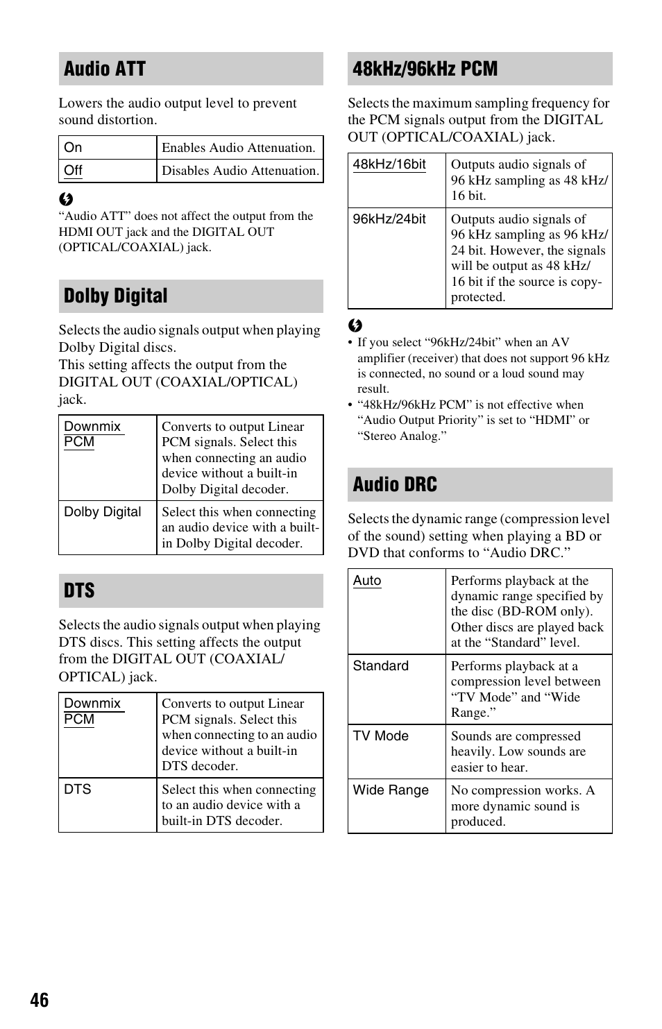 Audio att, Dolby digital, 48khz/96khz pcm | Audio drc | Sony BDP-BX1 User Manual | Page 46 / 79