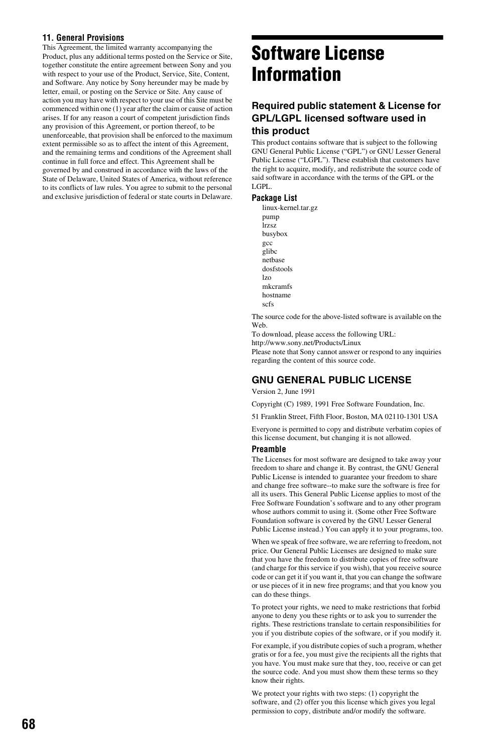 Software license information | Sony BDP-BX1 User Manual | Page 68 / 79