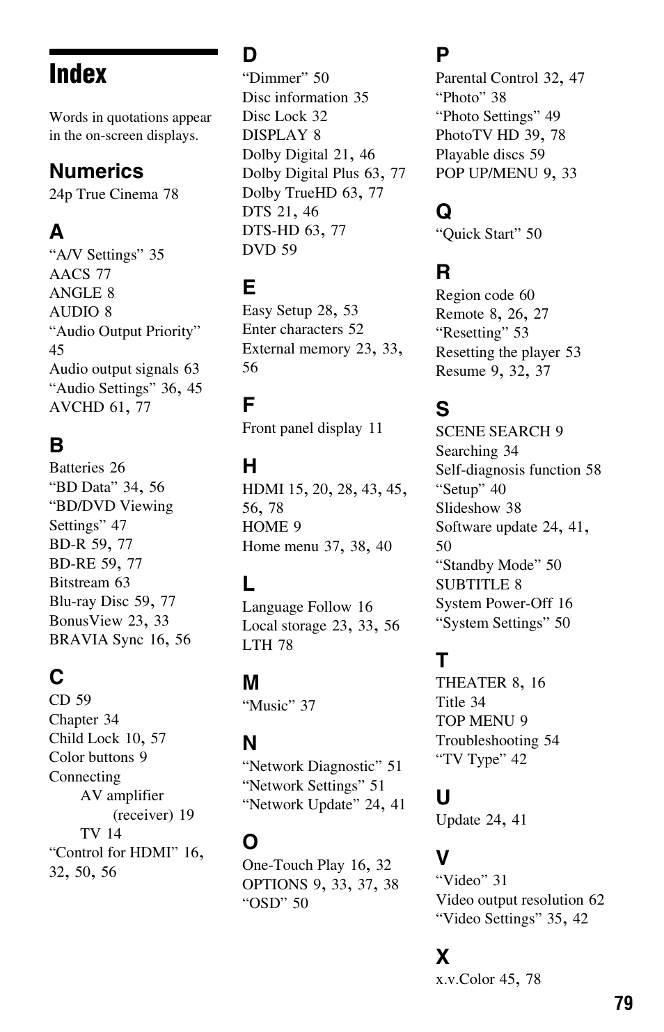 Index, Numerics | Sony BDP-BX1 User Manual | Page 79 / 79