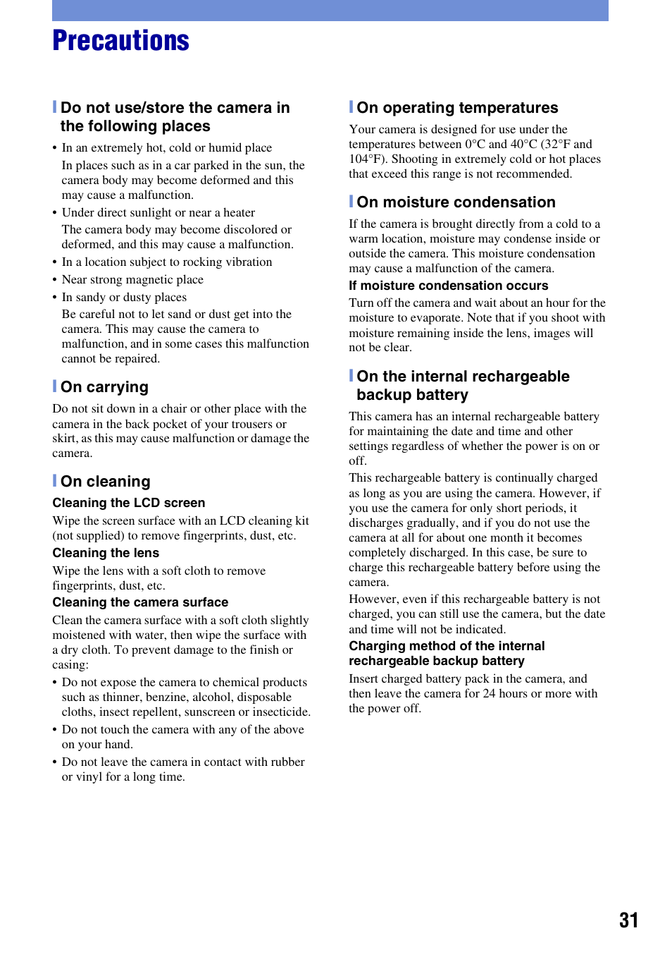 Precautions | Sony DSC-S780 User Manual | Page 31 / 40
