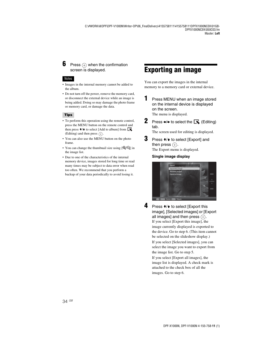 Exporting an image | Sony S-Frame DPF-V1000N User Manual | Page 34 / 80
