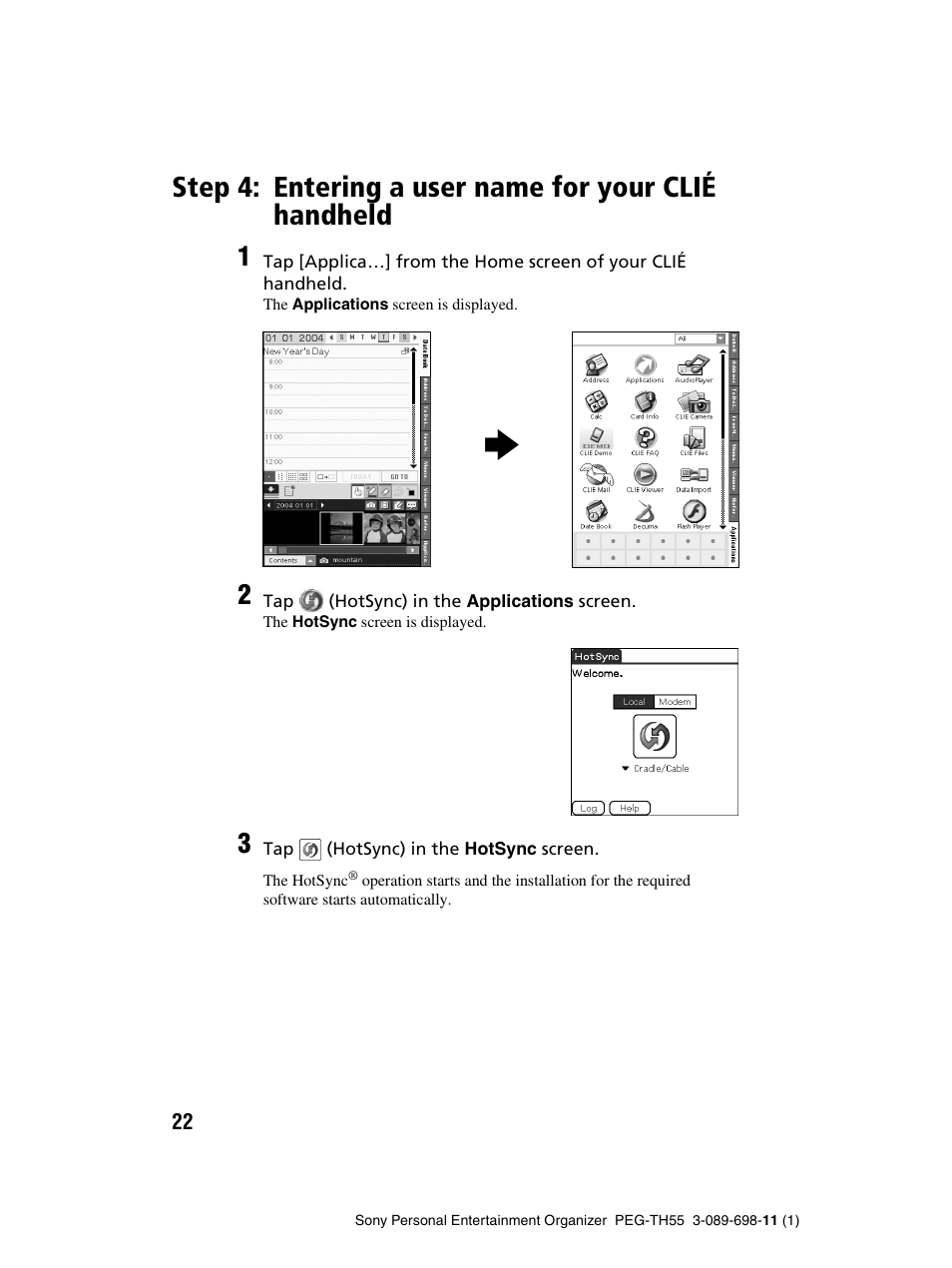 Step 4: entering a user name for, Your clié handheld | Sony PEG-TH55 User Manual | Page 22 / 104