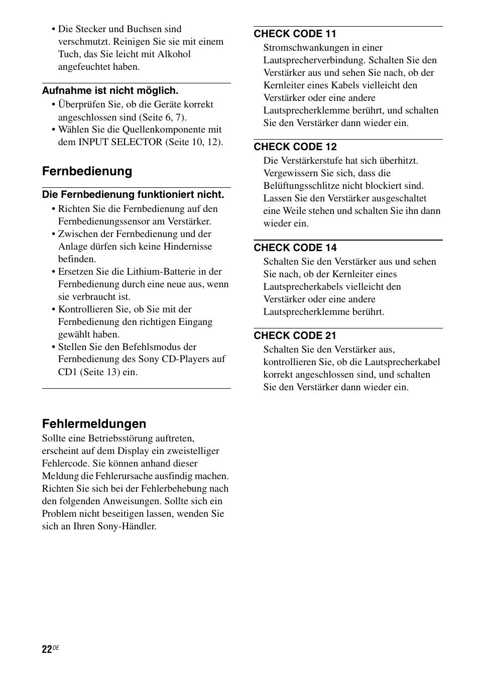 Fernbedienung, Fehlermeldungen | Sony TA-F501ES User Manual | Page 90 / 96