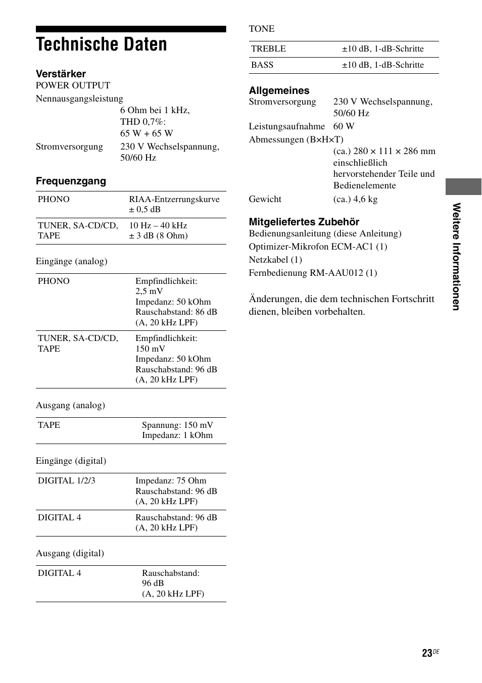 Technische daten | Sony TA-F501ES User Manual | Page 91 / 96