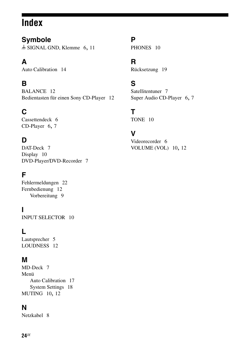 Index, Symbole | Sony TA-F501ES User Manual | Page 92 / 96