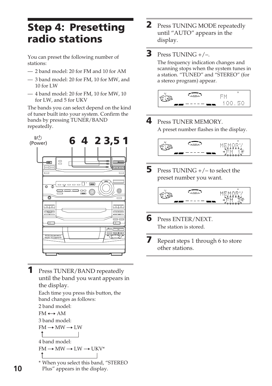 Step 4: presetting radio stations, Press tuning, Press enter/next | Repeat steps 1 through 6 to store other stations | Sony XB88AV User Manual | Page 10 / 52
