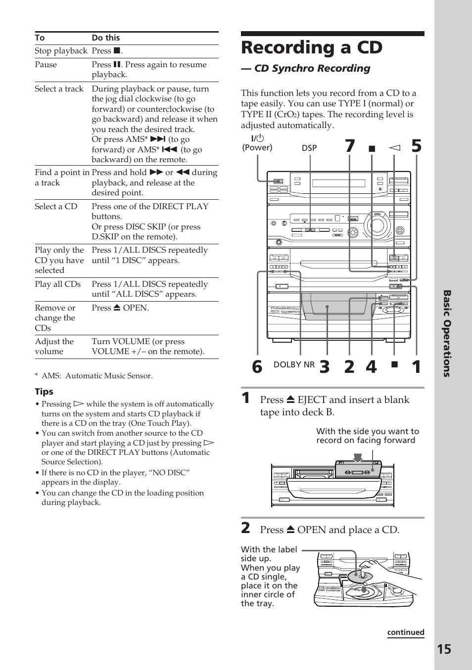 Recording a cd, Basic operations, Cd synchro recording | Press 6 eject and insert a blank tape into deck b, Press 6 open and place a cd | Sony XB88AV User Manual | Page 15 / 52
