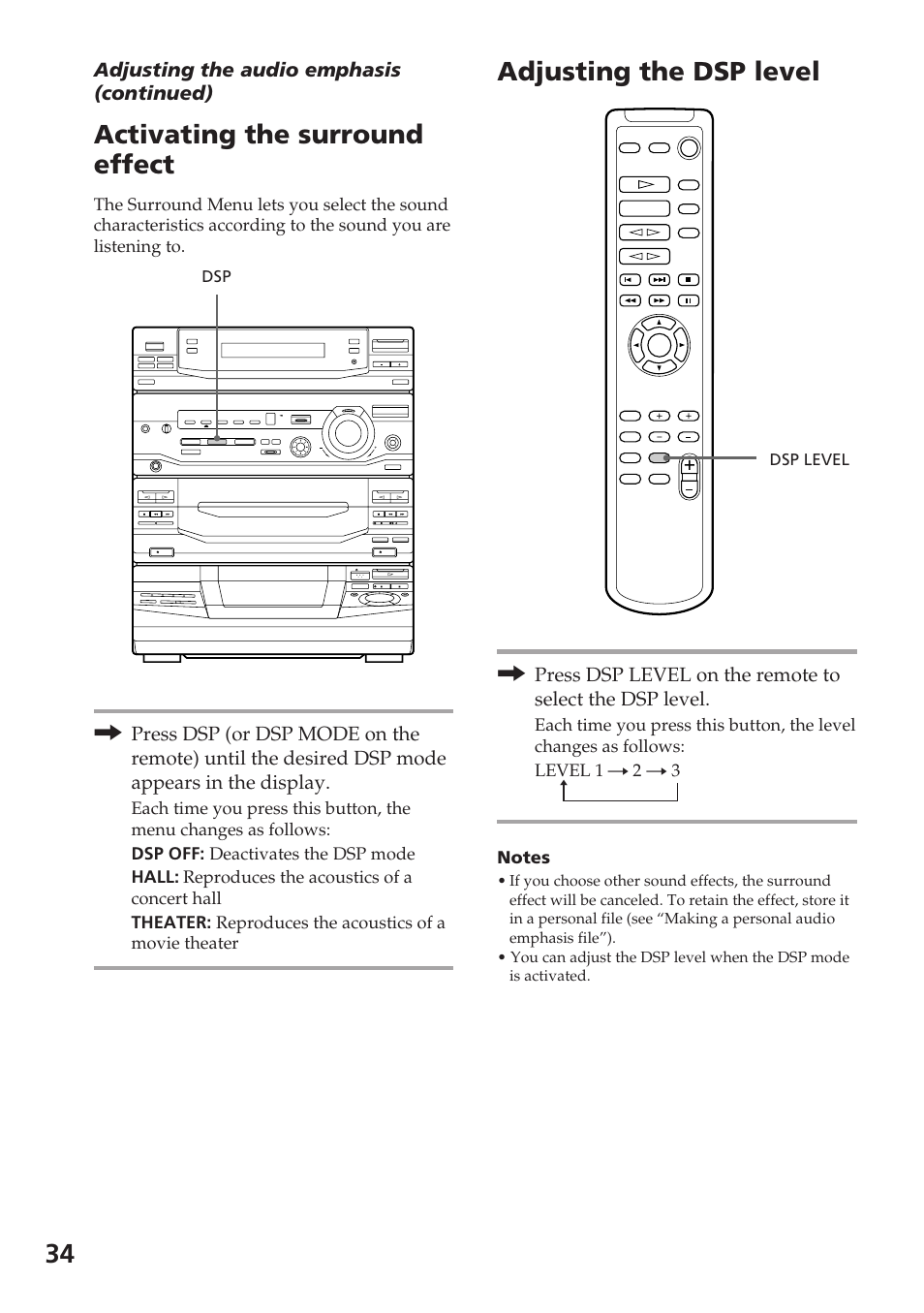 34 activating the surround effect, Adjusting the dsp level | Sony XB88AV User Manual | Page 34 / 52