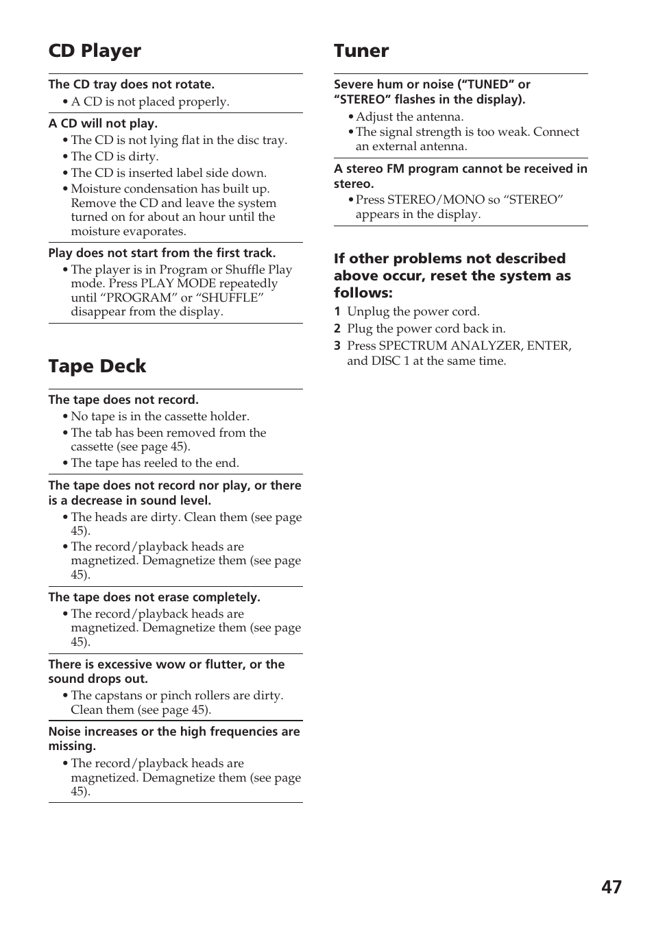 47 cd player, Tape deck, Tuner | Sony XB88AV User Manual | Page 47 / 52