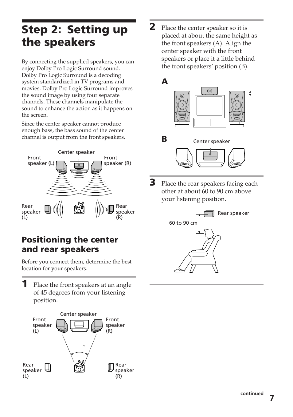 Step 2: setting up the speakers, Positioning the center and rear speakers | Sony XB88AV User Manual | Page 7 / 52