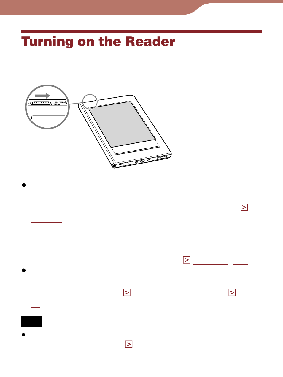 Turning on the reader, Switches the reader on/off | Sony Reader 4-153-621-14(1) User Manual | Page 10 / 190