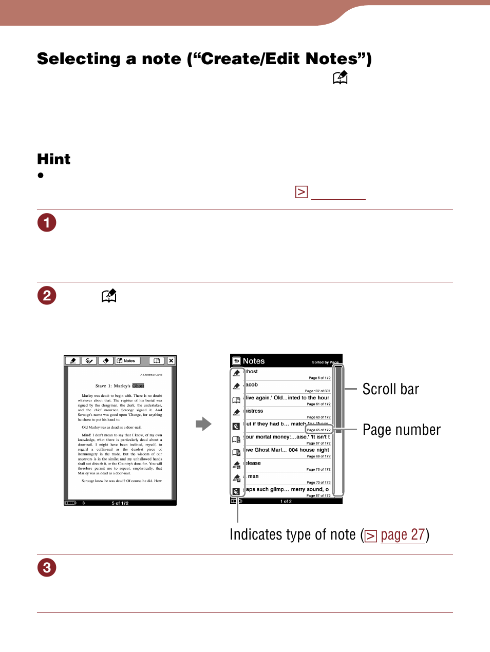 Selecting a note (“create/edit notes”), List | Sony Reader 4-153-621-14(1) User Manual | Page 109 / 190